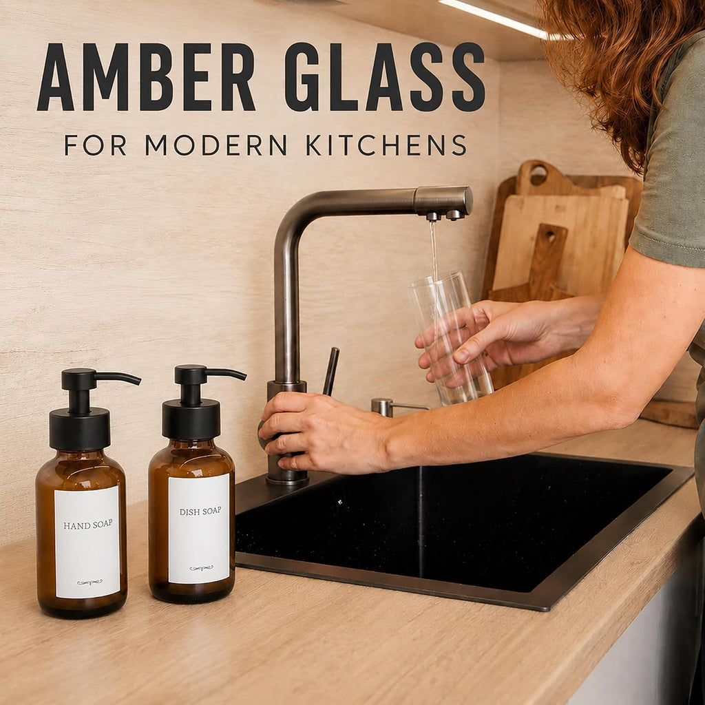 Amber Glass Foaming Soap Dispenser, 2 Pack, 8.5 Oz, Refillable
