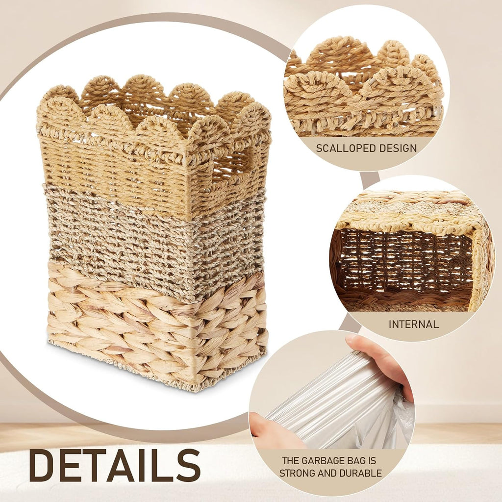 Ctosree 3.5 Gallons Square Scallop Shaped Woven Trash Can Wicker Waste Basket with Handles, Wicker Trash Can with 50 Small Garbage Bags for Home Bathroom, Office Kitchen, 11.8 x 8.7 x 5.5 Inch