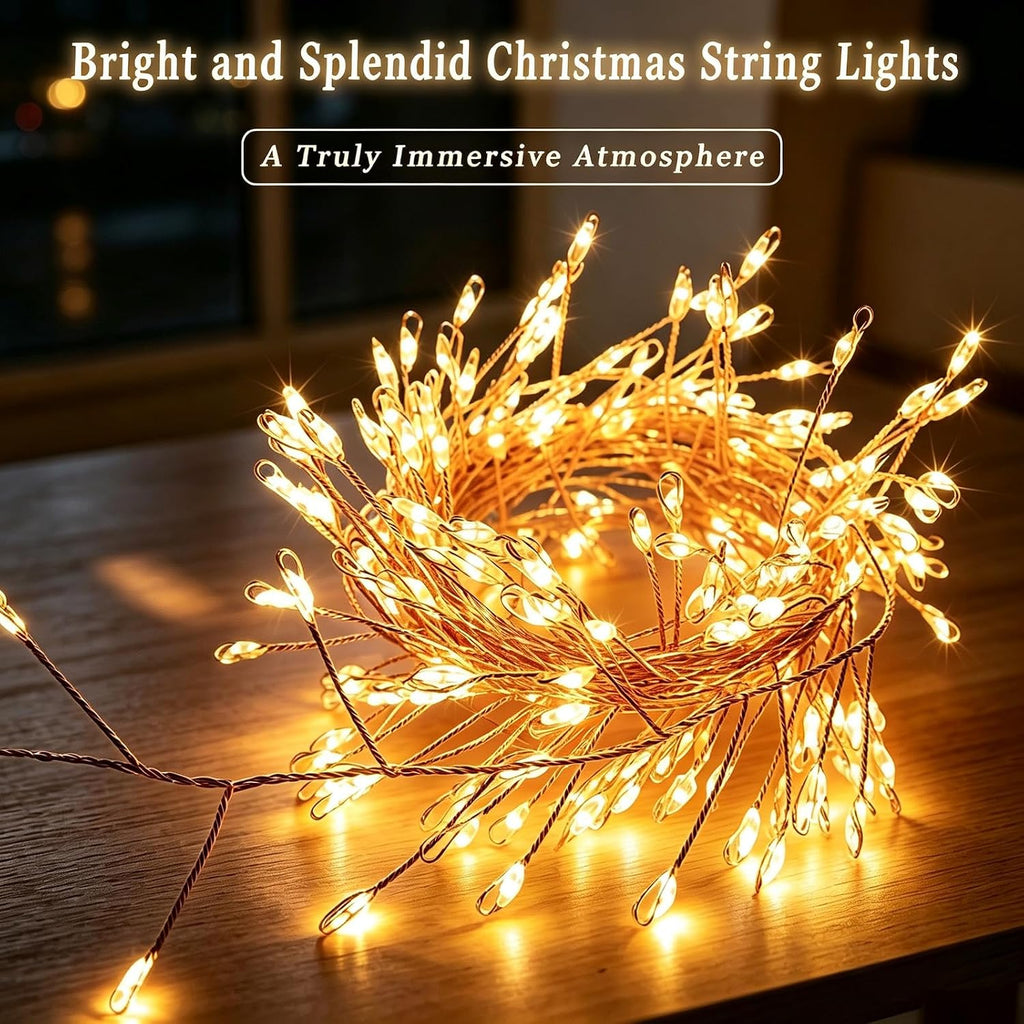 Fairy Lights Battery Operated with Timer Function, 10FT 200 LEDs Firecracker String Lights, Warm White Waterproof Gold Wire Cluster Lights for Bedroom, Wedding, Christmas, Party, Home Decor