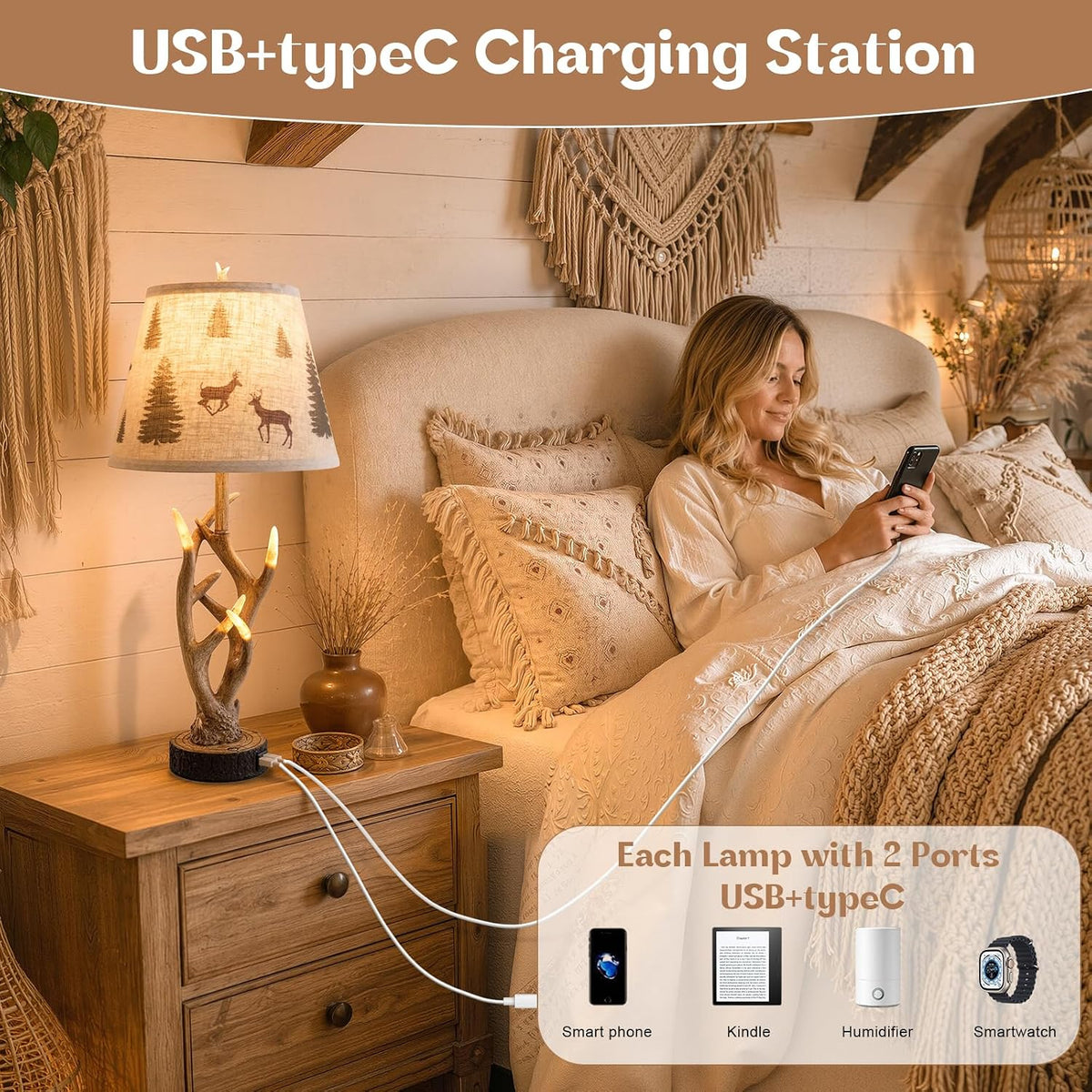 Dungoo 26" Rustic Antler Table Lamp Set of 2 for Bedroom with USB- C Port