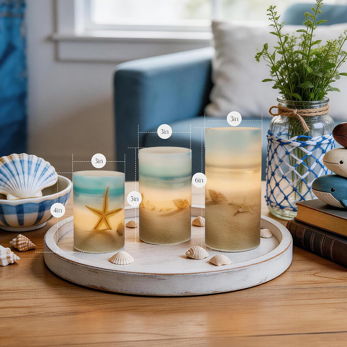 Beach Coastal Ocean Decor Seashell & Starfish Battery Flameless LED Candles