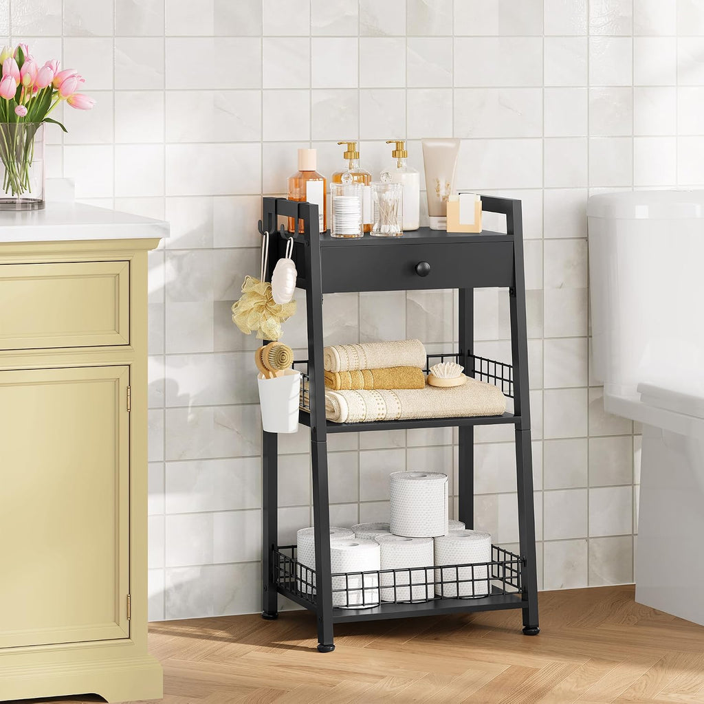 Gewudraw Bathroom Ladder Shelf with Drawer, 3-Tier Bathroom Storage, Black