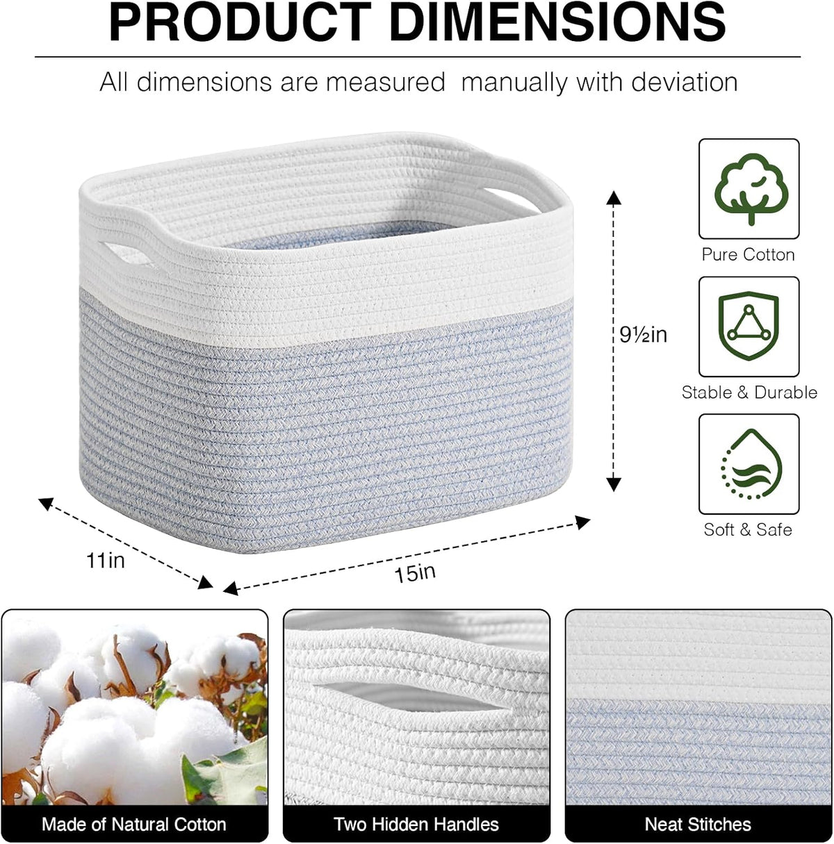 ICERZCZ Woven Cotton Rope Storage Basket for Organizing, Cute Decorative Baskets for Gifts Empty, Organizer Bins for Dog Toy, Baby Laundry, 15“×11”×9.5“, Off White & Blue
