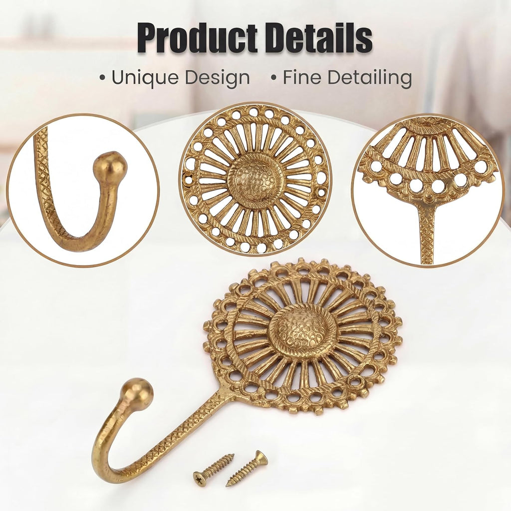 Indian Shelf Set of 3 Solid Brass Boho Wall Hooks for Coats and Keys
