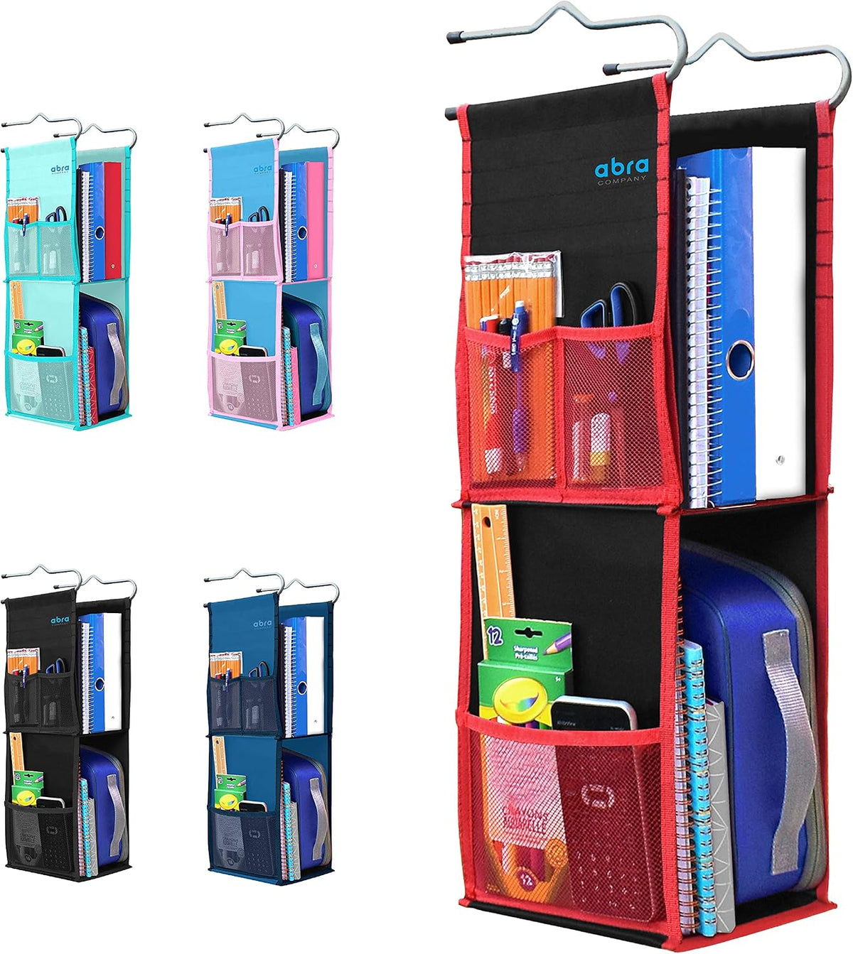 ABRA® 2 Shelf Hanging Locker Organizer for School, Work, Gym, Storage | Deep Shelves 6.5”x 9”| Eco-Friendly Fabric Healthy for Children (Black/Red)