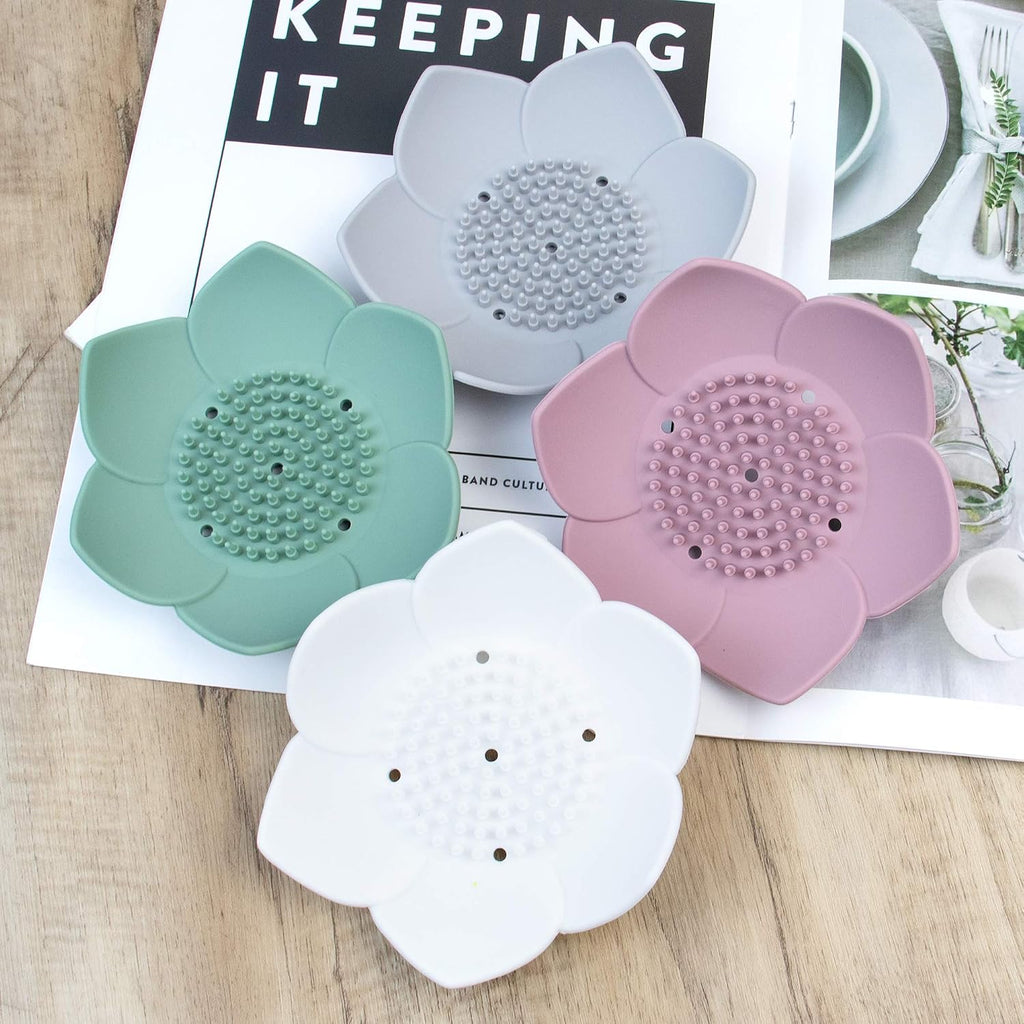 AUEAR, 4 Pack Lotus Flowers Soap Dish with Drain Silicone Holder Non-Slip Flexible Tray for Bathroom Shower