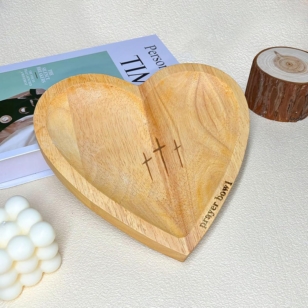 Heart Shaped Prayer Bowl with 24 Cards - Wooden Religious Dough Bowl with Cross for Christian Congregation Gifts
