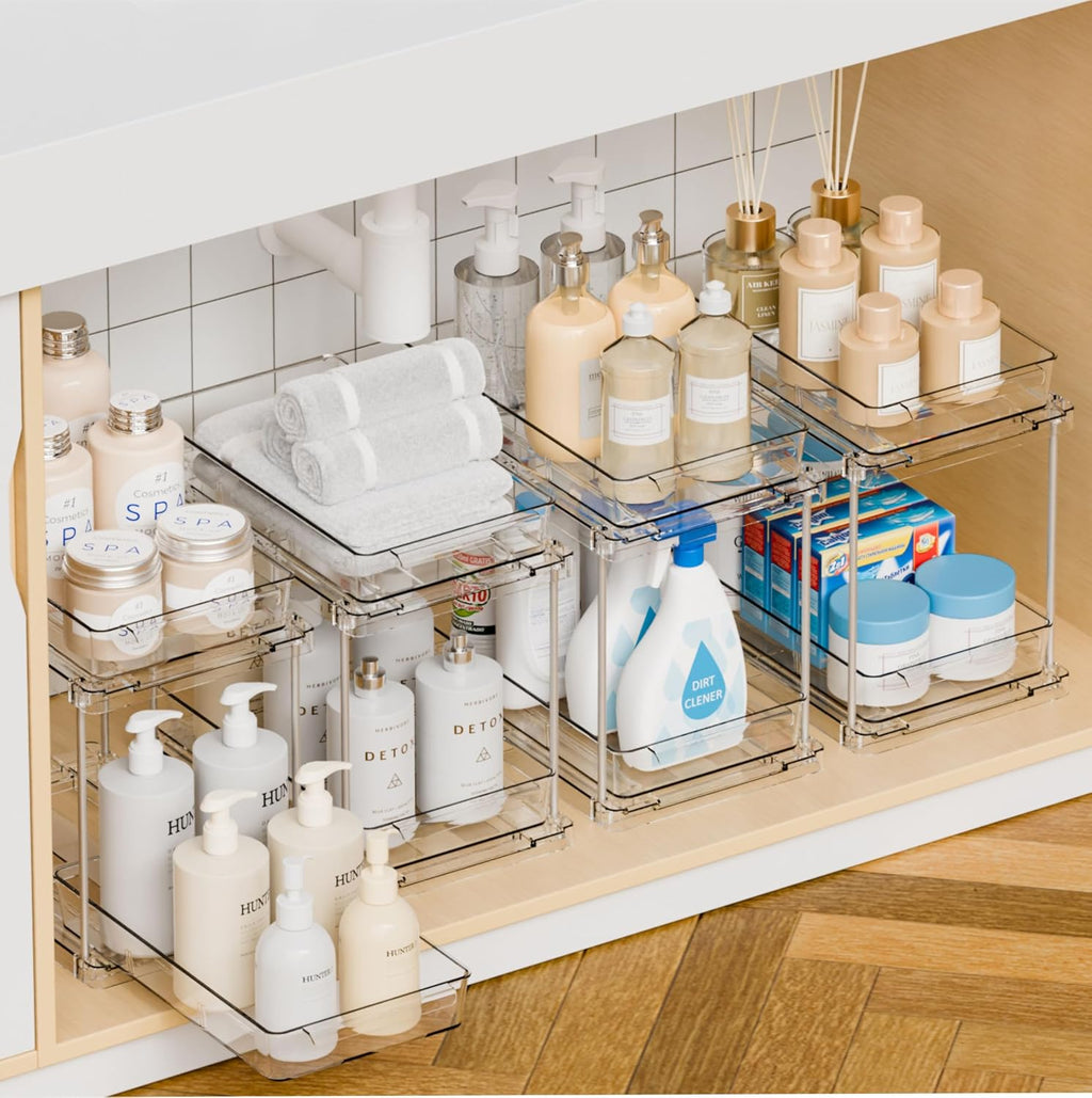 Yieach 4 Pack Under Sink Organizers and Storage,Clear Acrylic Bathroom Organizer and Cabinet Organization for Makeup,Medicine,Two Tier Pull Out Cabinet Organizer Drawers for Pantry,Vanity Storage Bins