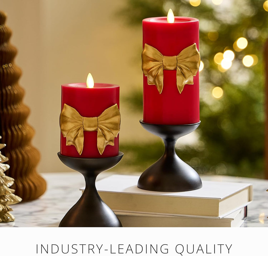 Luminara Flameless Candle 3.4" x 4.5" Real Wax w/Remote and Built-in Timer Moving Flame LED Battery Operated Holiday Red Pillar with Gold Bow Unscented Seasonal Christmas Decorations