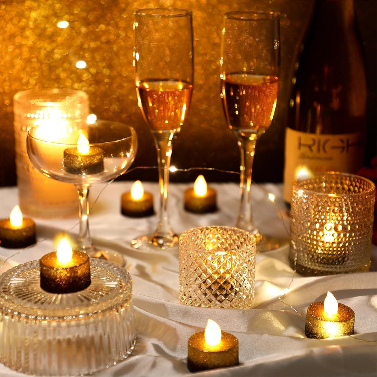 Rossesay 24 Pcs Black Gold Flameless LED Tea Lights Glitter Candles