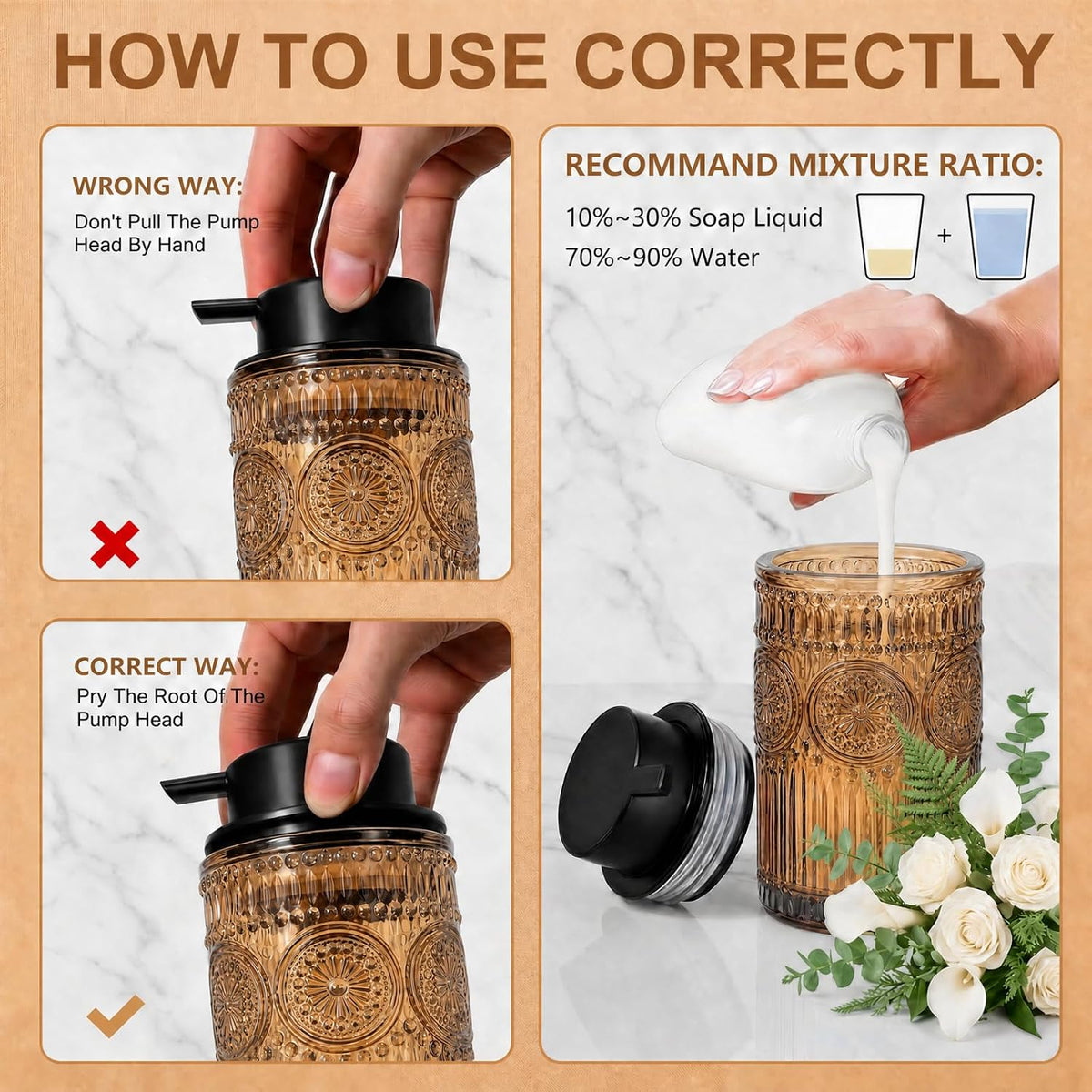 Amber Glass Foaming Hand Soap Dispenser