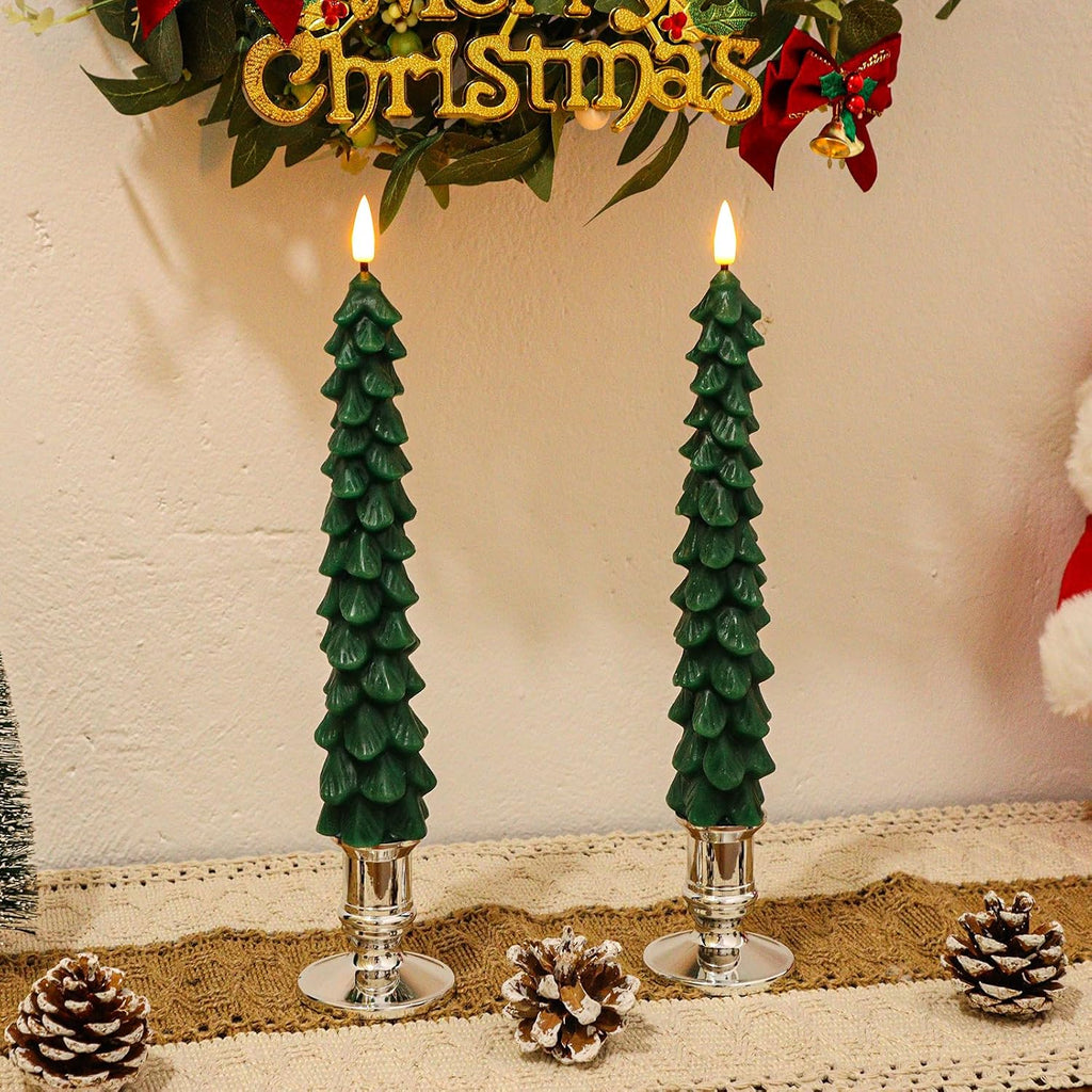 Christmas Tree Candles with Remote Timer, 2 Pack Flameless LED Taper Candles Battery Operated, 3D Flame Flickering, Green Waxy Christmas Candlesticks for Home Fireplace Decor, 0.78" x 9.5"