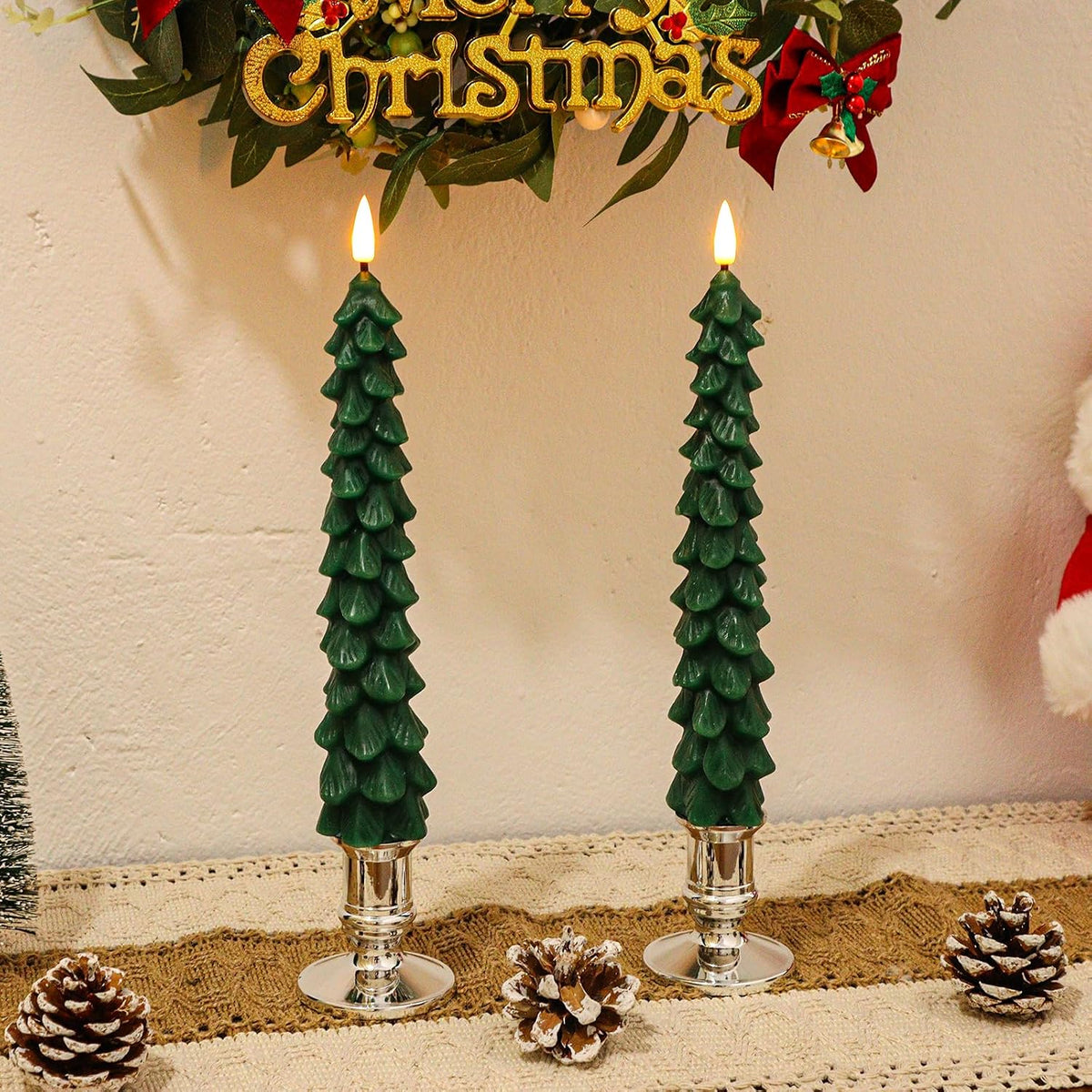 Christmas Tree Candles with Remote Timer, 2 Pack Flameless LED Taper Candles Battery Operated, 3D Flame Flickering, Green Waxy Christmas Candlesticks for Home Fireplace Decor, 0.78" x 9.5"