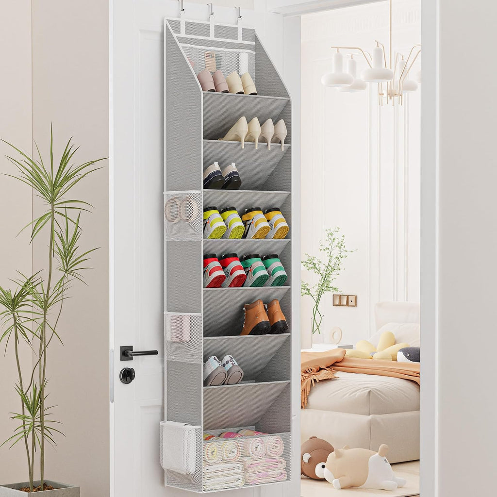 Criusia Shoe Storage, Over the Door Shoe Organizer, Hanging Closet Shoe Storage with Large Deep Pockets, Fits 16–24 Pairs of Sneakers, Sandals, Boots, Gray