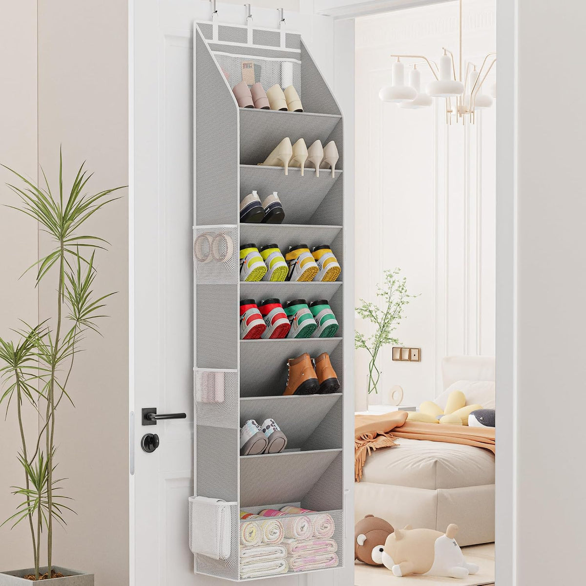 Criusia Shoe Storage, Over the Door Shoe Organizer, Hanging Closet Shoe Storage with Large Deep Pockets, Fits 16–24 Pairs of Sneakers, Sandals, Boots, Gray