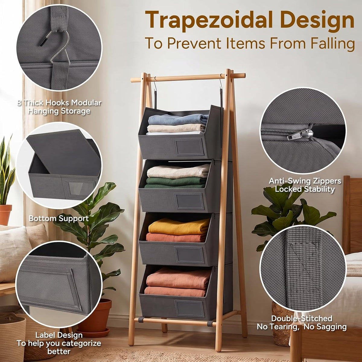 2 Pack 4-Tier Hanging Closet Organizer, Detachable Hanging Storage Shelves with Reinforced Side Panels, Hanging Closet Organizer for Clothes, Sweaters, Towels, Socks & Accessories,(Dark Gray-2Pack)