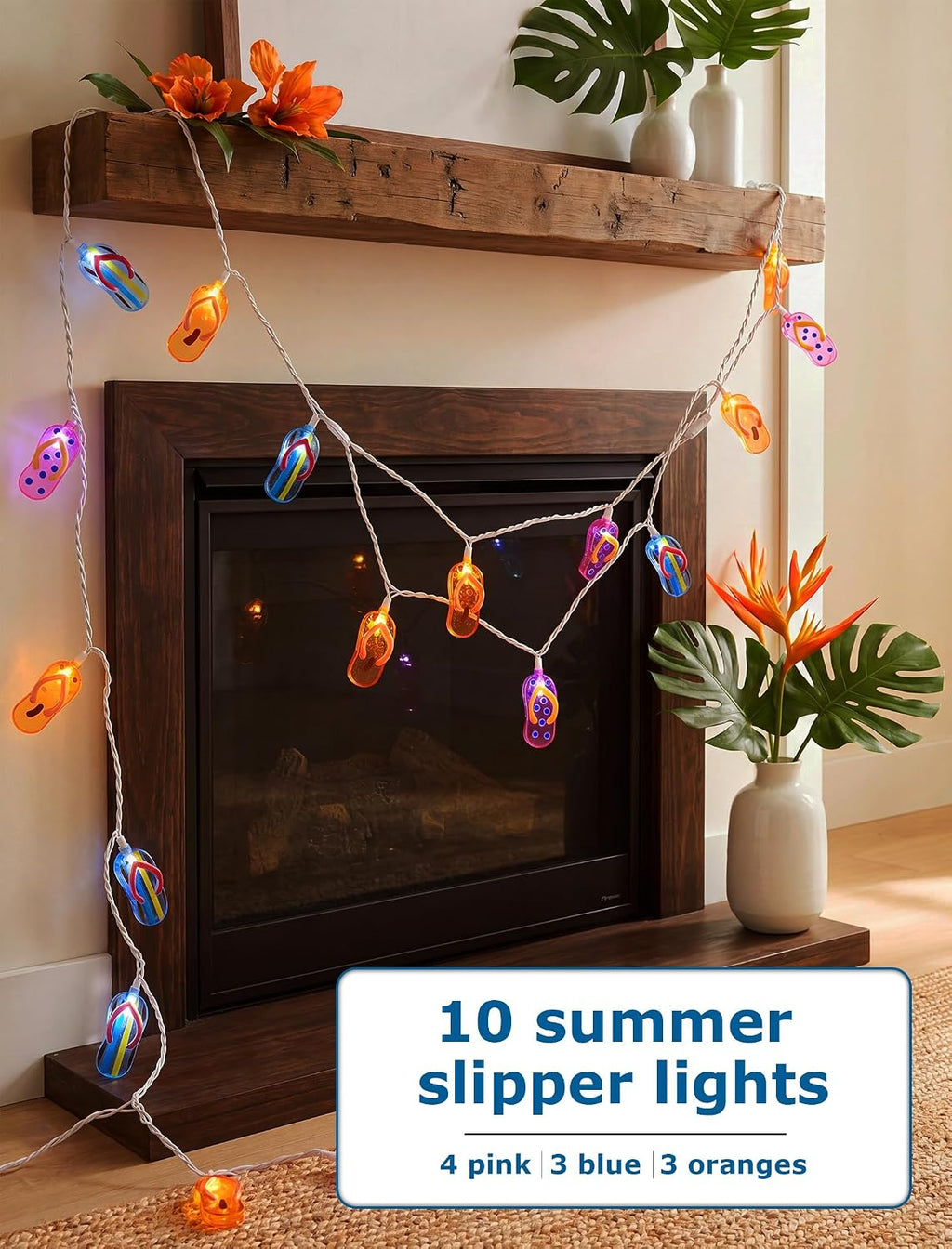 8.5Ft Tricolor Slipper String Lights, Outdoor Tropical Beach Themed Flip-Flop Light with 10 Plastic Bulbs, Summer Waterproof Hanging Slipper Lights for Outside Patio Garden Tent Party Decor, White