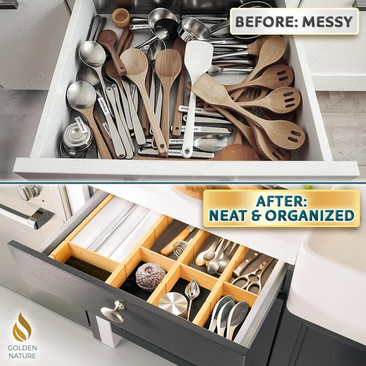Bamboo Drawer Organizer with Inserts & Labels, 17-22", Kitchen Dividers