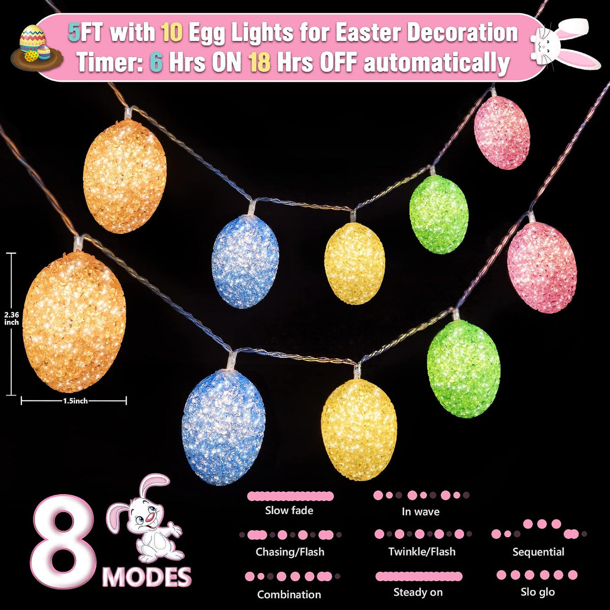 Hiboom Easter Decorations Egg Lights, 8 Flashing Modes LED Easter Lights, Waterproof Battery Operated Fairy Light for Outdoor Indoor Decorations(4.92 ft with 10 LED)