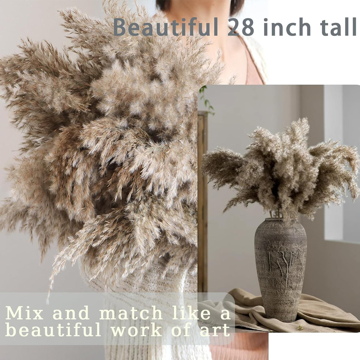 30 Stems 28” inch Fluffy Brown Pampas Grass Decor Tall - Natural Dried Pampas Grass, Large Pompas Grass, Dry Pampas Bulk for Living Room Decor, Boho Home Decor , Wedding Decor , Gift( 30 Brown )