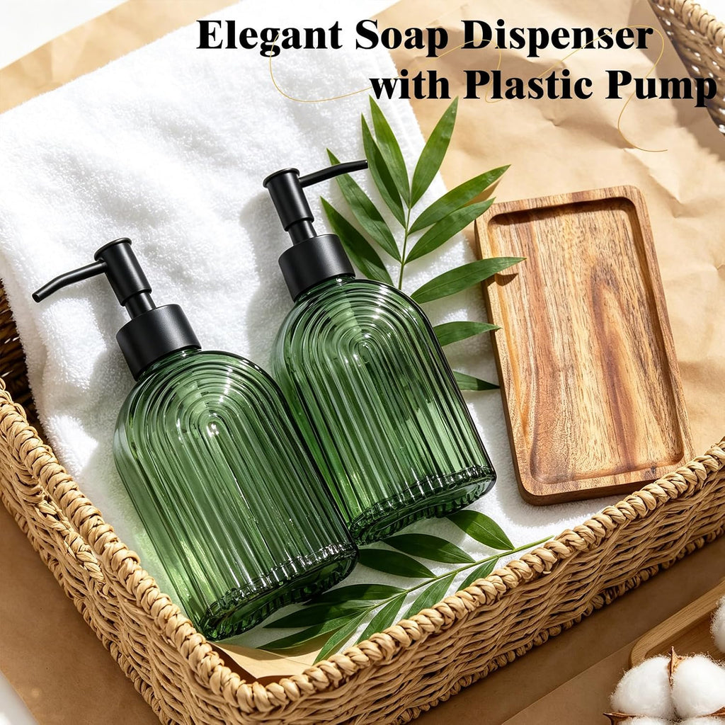 Glass Soap Dispenser Set with Wooden Tray, 11.6Oz Refillable Liquid Modern Soap Dispenser with Plastic Pump for Hand and Dish Set for Bathroom Countertop Decor (Green)
