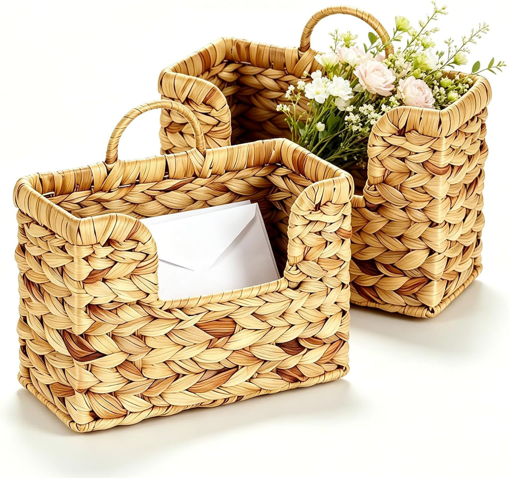 2 Pcs Hanging Magazine Basket, Woven Wall Mail Holder Organizer with Handle