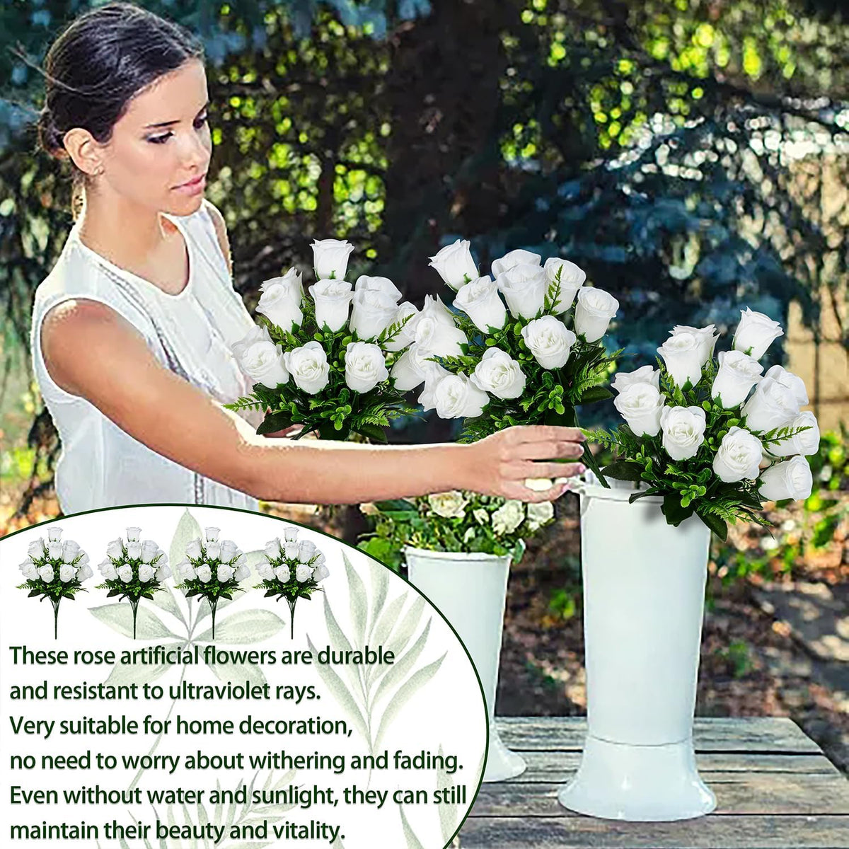 Artificial Rose Flowers Bouquet Realistic Silk Rose Fake Flowers for Wedding Home Centerpieces Party Cemetery Grave Decoration (4 Bouquets, White)