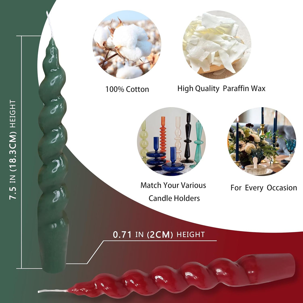 Red Green Spiral Taper Candles 7.5Inch, 4Pack Christmas Candle for Decor