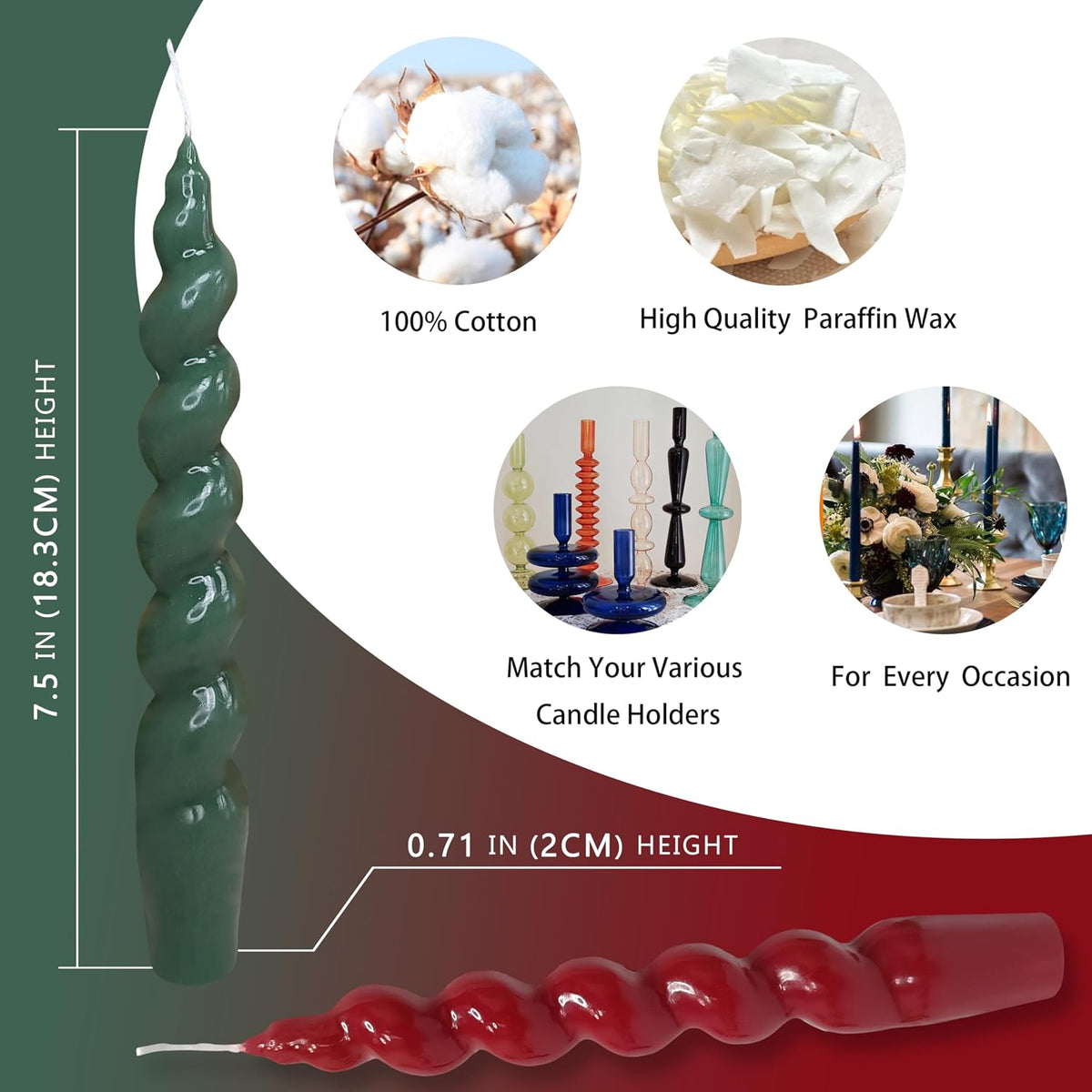 Red Green Spiral Taper Candles 7.5Inch, 4Pack Christmas Candle for Decor