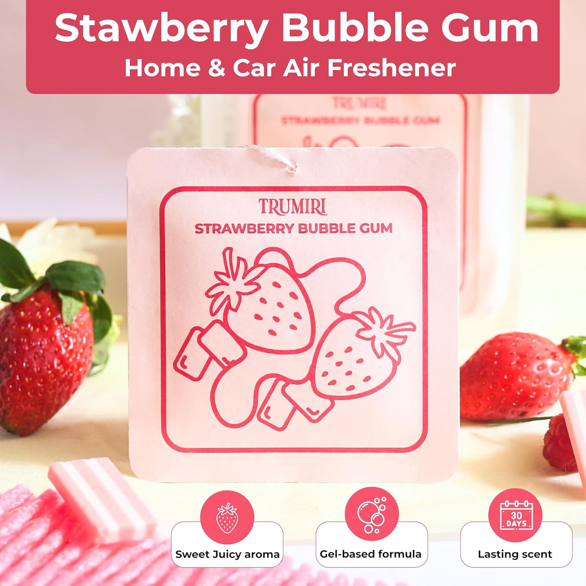 Strawberry Bubble Gum - Scented Sachets for Drawer and Closet Freshener with Long Lasting Scent - Pack of 3 - Home Fragrance Sachet Bag Dresser Refresher Packet - Olores para Closet De Ropa