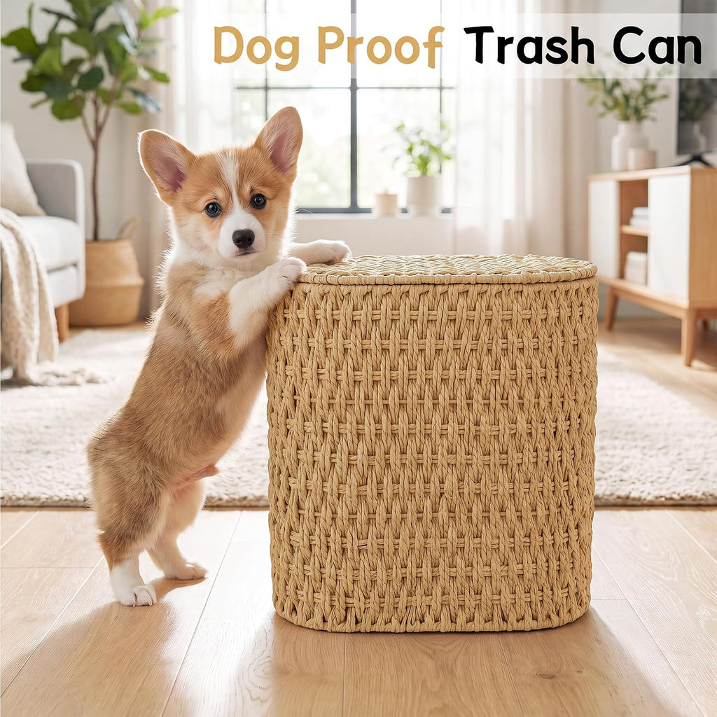 iEGrow 3 Gallon Paper Rope Trash Can,Bathroom Trash Can with Lid Natural