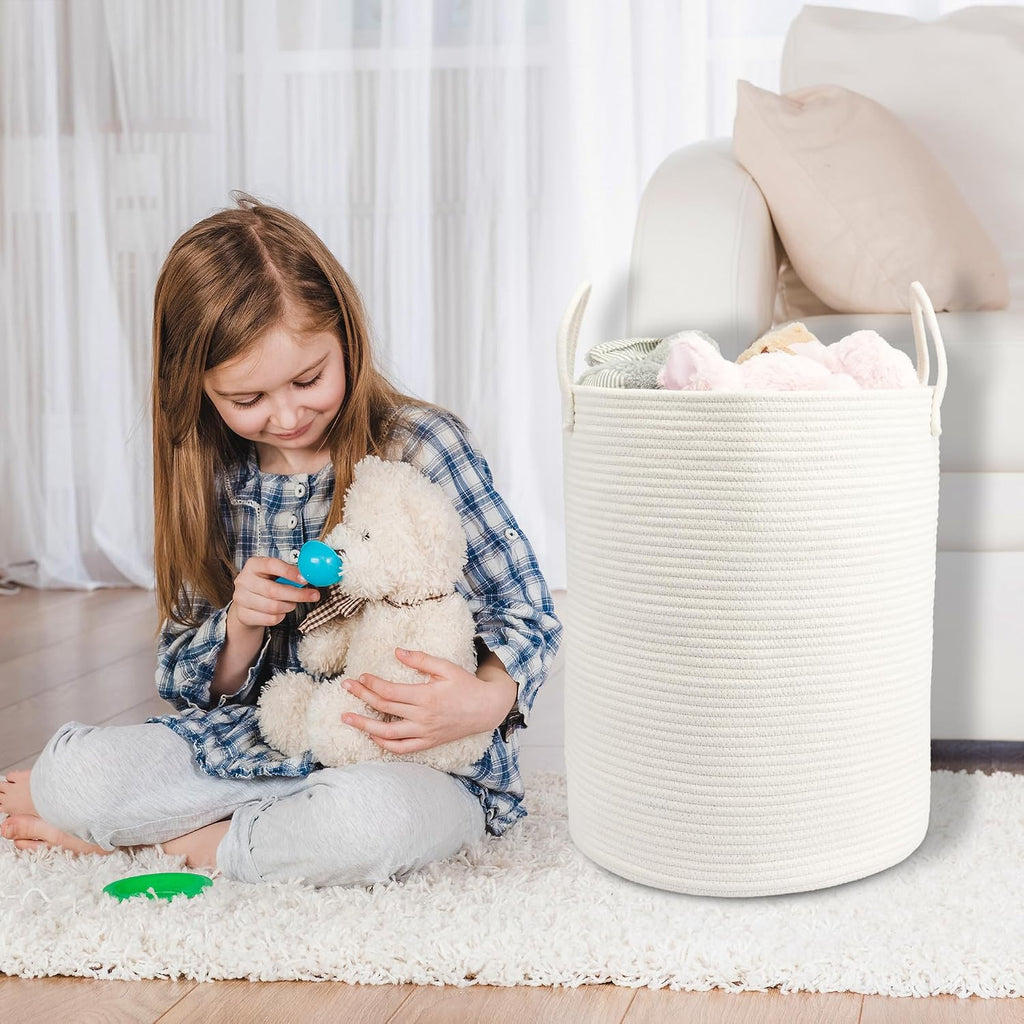 Woven Cotton Rope Laundry Basket, 15" x 20" Laundry Hamper, White