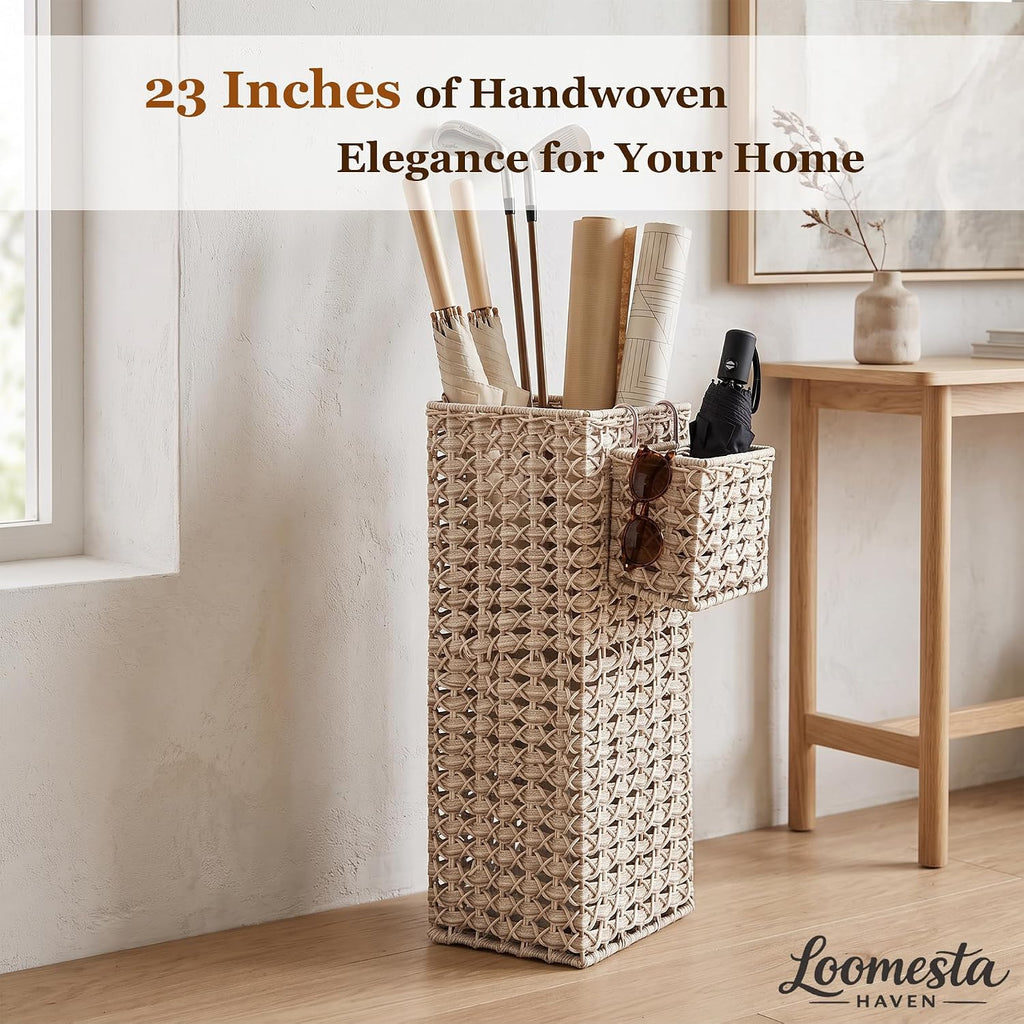 Square Wicker Umbrella Stand, Handwoven PE Rattan with Side Basket