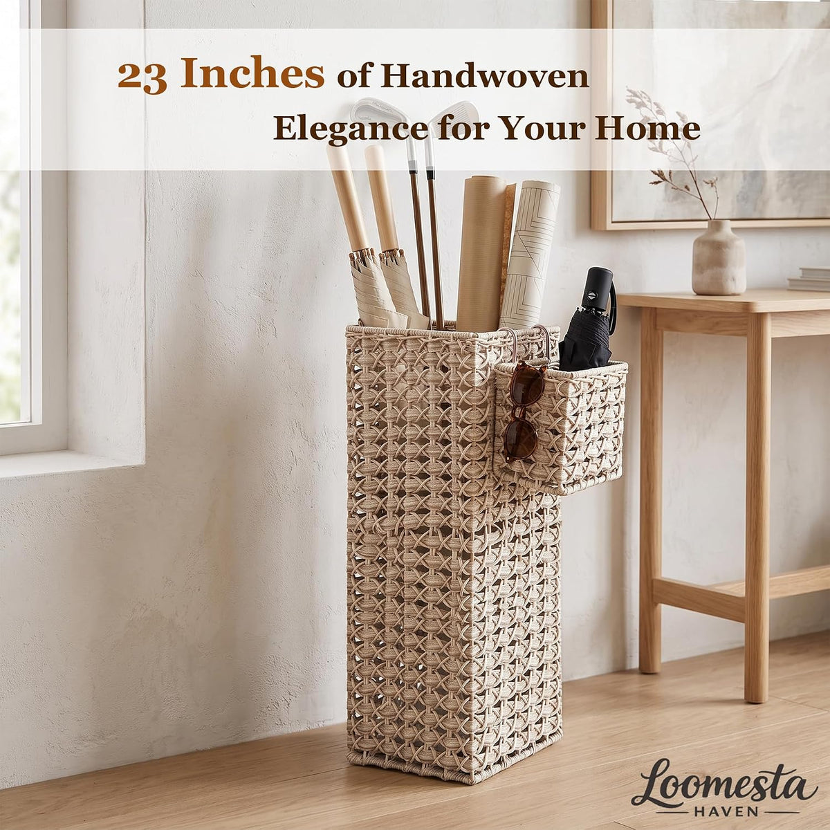 Square Wicker Umbrella Stand, Handwoven PE Rattan with Side Basket