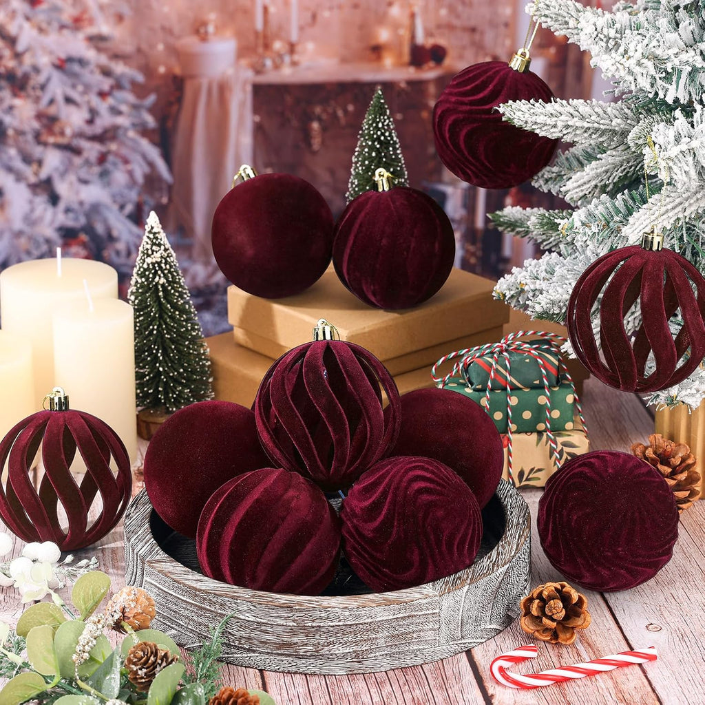 DERTE 12Pcs 3.15in Velvet Christmas Tree Balls Ornaments (Burgundy)