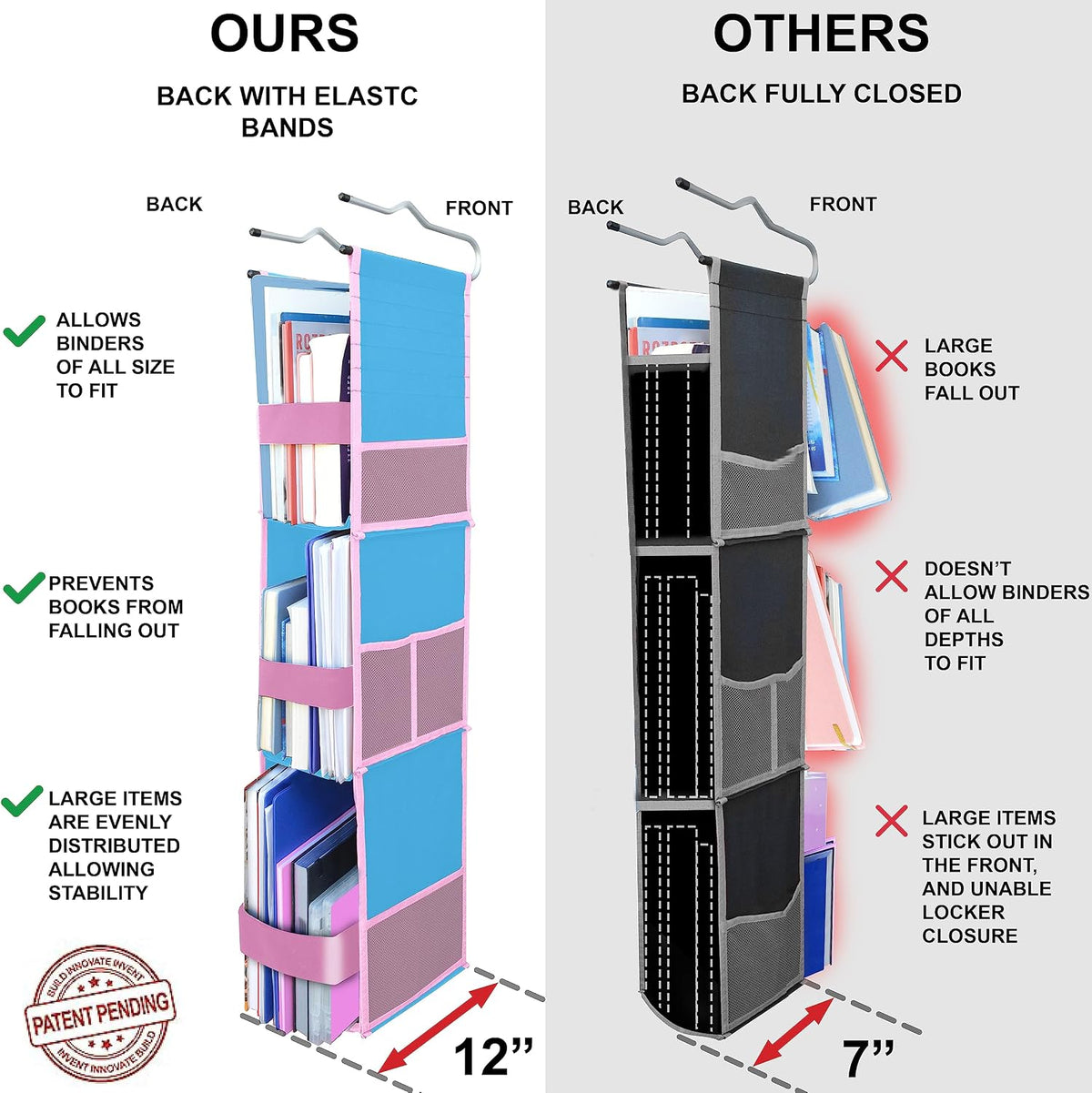 ABRA® 3 Shelf Hanging Locker Organizer for School, Work, Gym, Storage | Deep Shelves 6.5”x 9”| Eco-Friendly Fabric Healthy for Children | Adjustable School Locker Shelf from 3 to 2 Shelves (Blue/Pink)