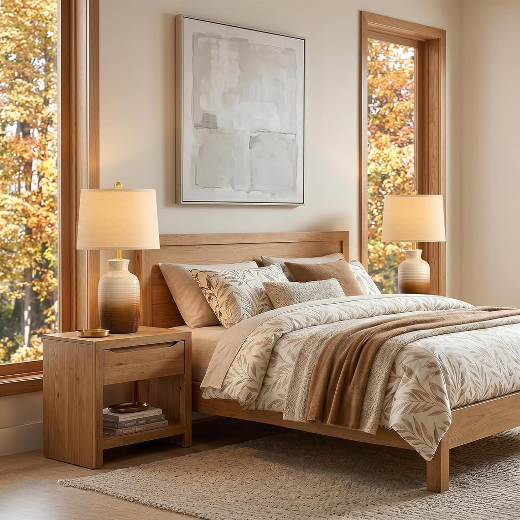 PoKat 24'' Farmhouse Handcrafted Table Lamp for Living Room, Rustic Ceramic Bedroom Lamps for Night Stands, Bedside Lamps with Soft Ombre Finish for Entryway Sideboard End Table (Beige and Brown)