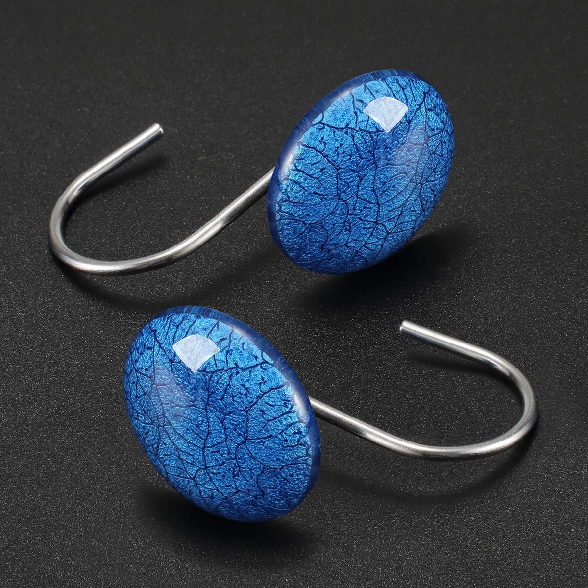 CHICTIE Blue Shower Curtain Hooks Rings,Set of 12 Decorative Marble Crack Shower Curtain Hooks,Stone Rustproof Shower Rings for Bathroom Curtains Rods