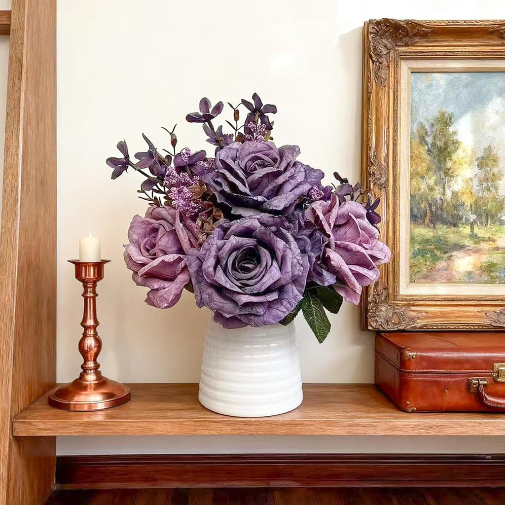Artificial Purple Rose Arrangement in White Ceramic Vase, 10 Inch Silk Flowers with Foliage, Modern Contemporary Floral Bouquet for Home, Office, Wedding Decor