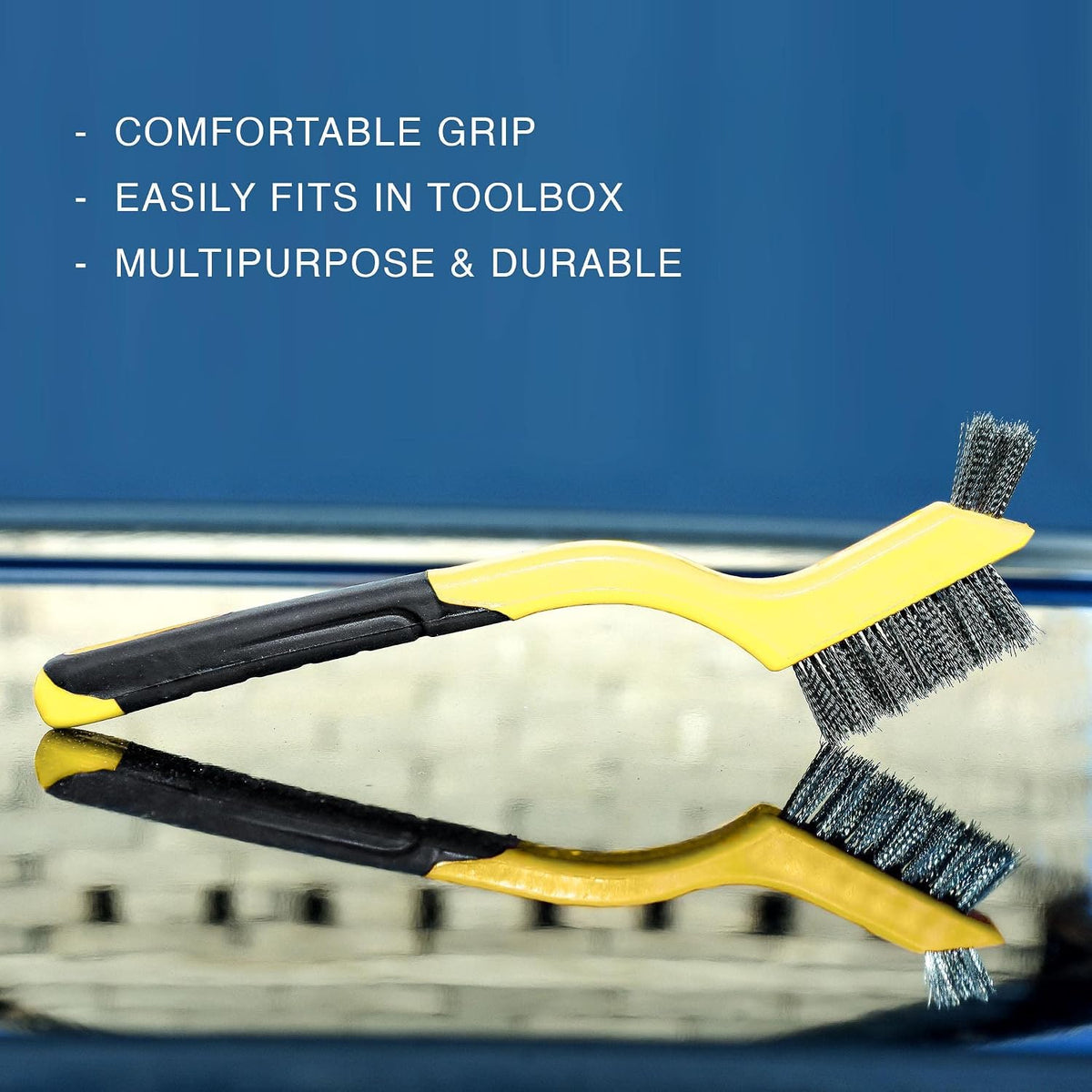 Lavaxon Wire Brush Set 3Pcs - Nylon/Brass/Stainless Steel Bristles with Curved Handle Grip for Rust, Dirt & Paint Scrubbing with Deep Cleaning – 7 Inches (Yellow)