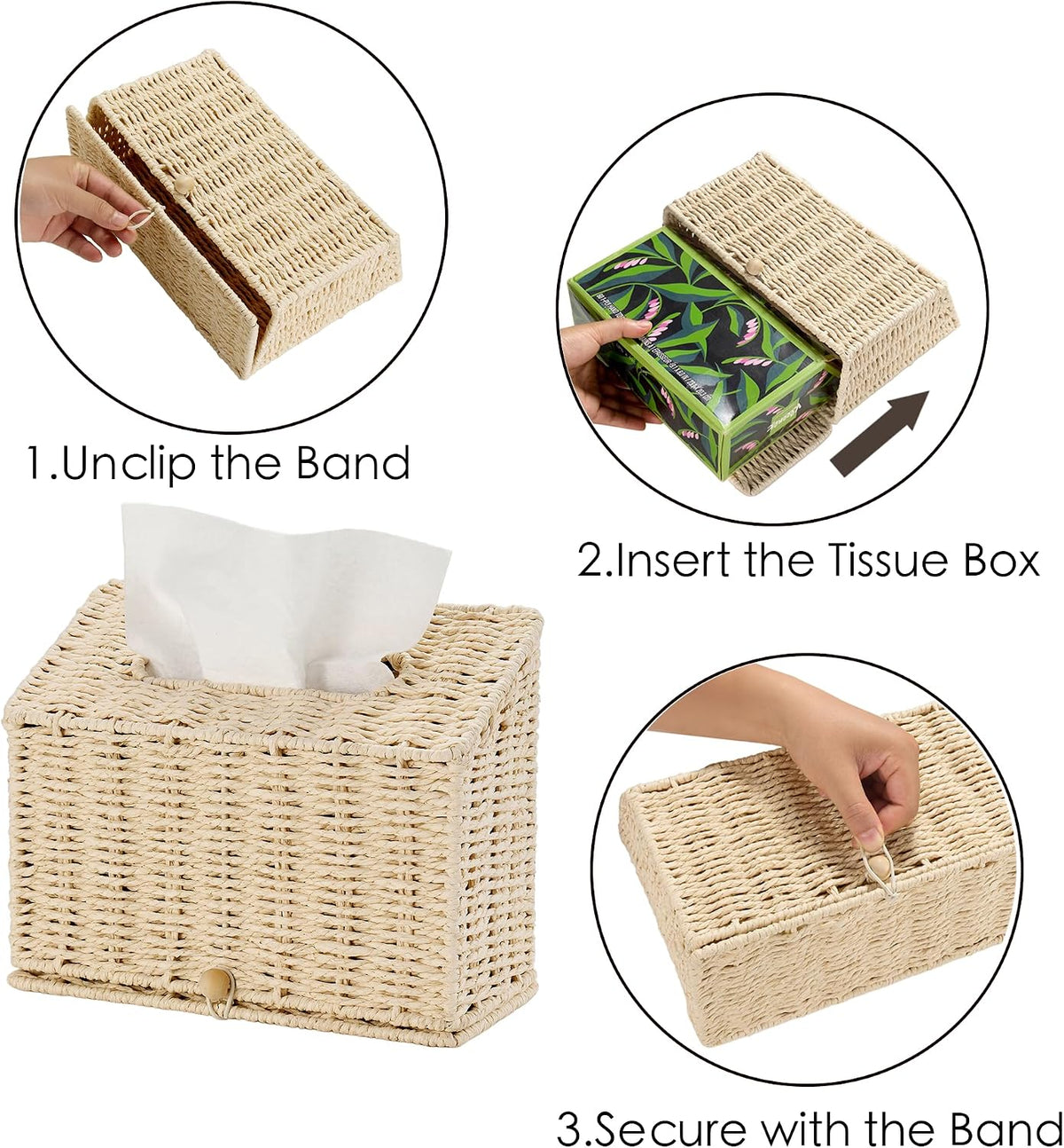 PINXIURY Hand Towel Box Cover,Paper Rope Wicker Tissue Holder for Kleenex Hand Towels,Hand Towel Holder,Slant-Top Paper Rope Tissue Box for Bathroom,Kitchen and Bedroom,Off White