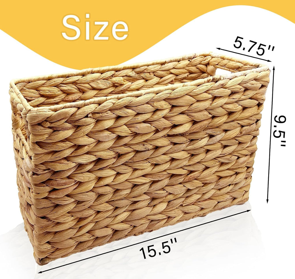 Hand-Woven Magazine Holder, Natural Magazine Basket Rack Water Hyacinth Narrow Basket Bin 15.5 x 5.75 x 9.5 Inch Magazine Wicker Basket for Storage, Bathroom, Office, Desk