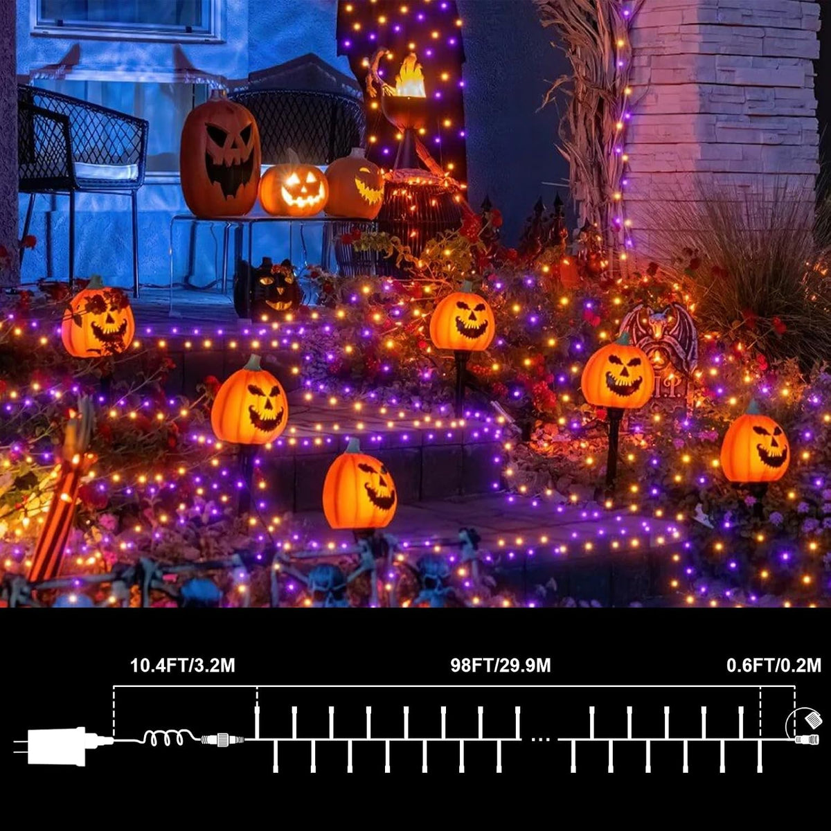 LAMPHOME Purple and Orange Halloween Lights, 99Ft 300LED Mini String Lights, Fairy Lights Connectable Christmas Tree Lights Decorations for Outdoor Indoor Patio Home Party Garden Yard Decor