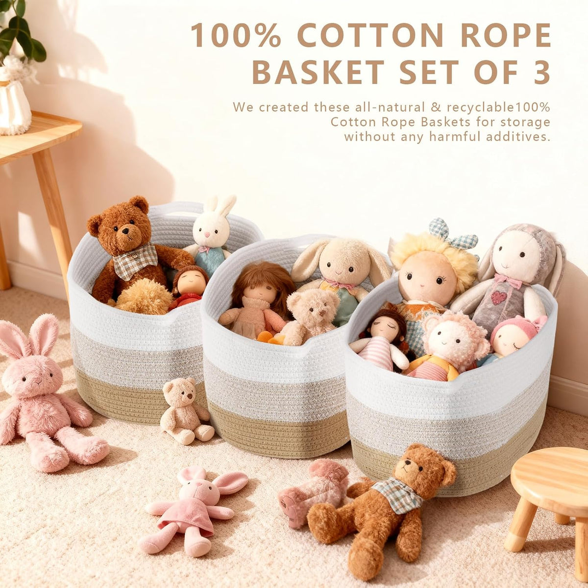Cotton Rope Braid Storage Basket for Baby Carrier Toy Storage Bag Gift Basket for Kids Laundry Basket Baby Blanket Storage Measures 15x10x10 inches. (Khaki White)