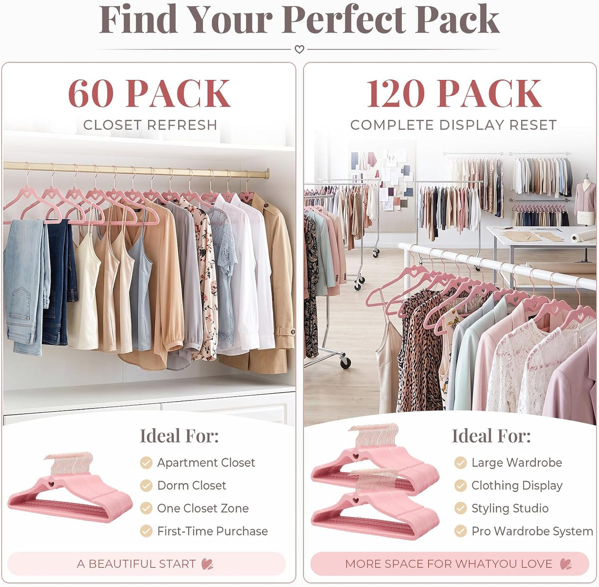 HOUSE DAY Pink Velvet Hangers 120 Pack, Non Slip Felt Hangers Heart-Shaped