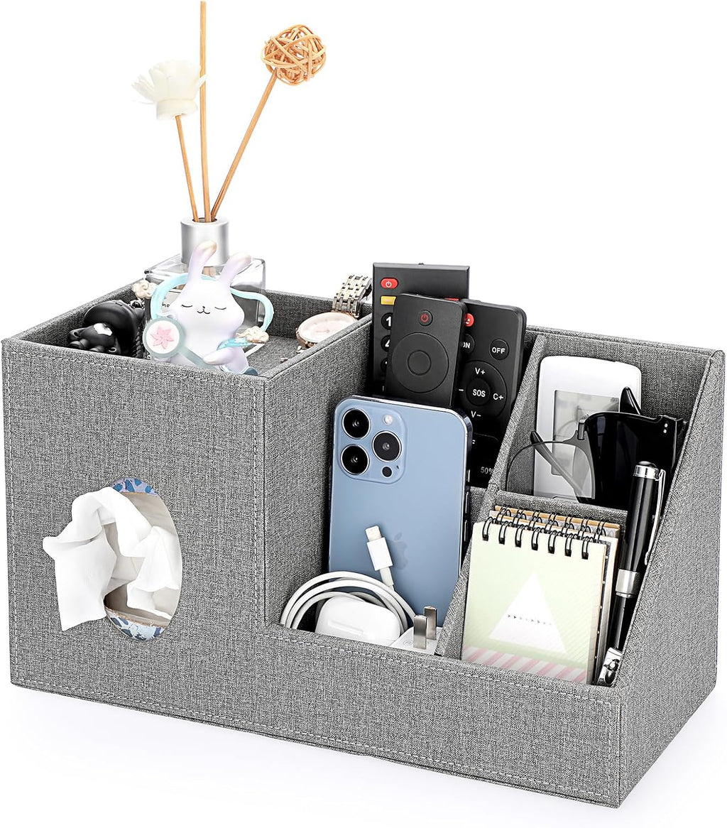 Sumnacon Square Linen Tissue Box Cover with Side and Top Organizer, Grey