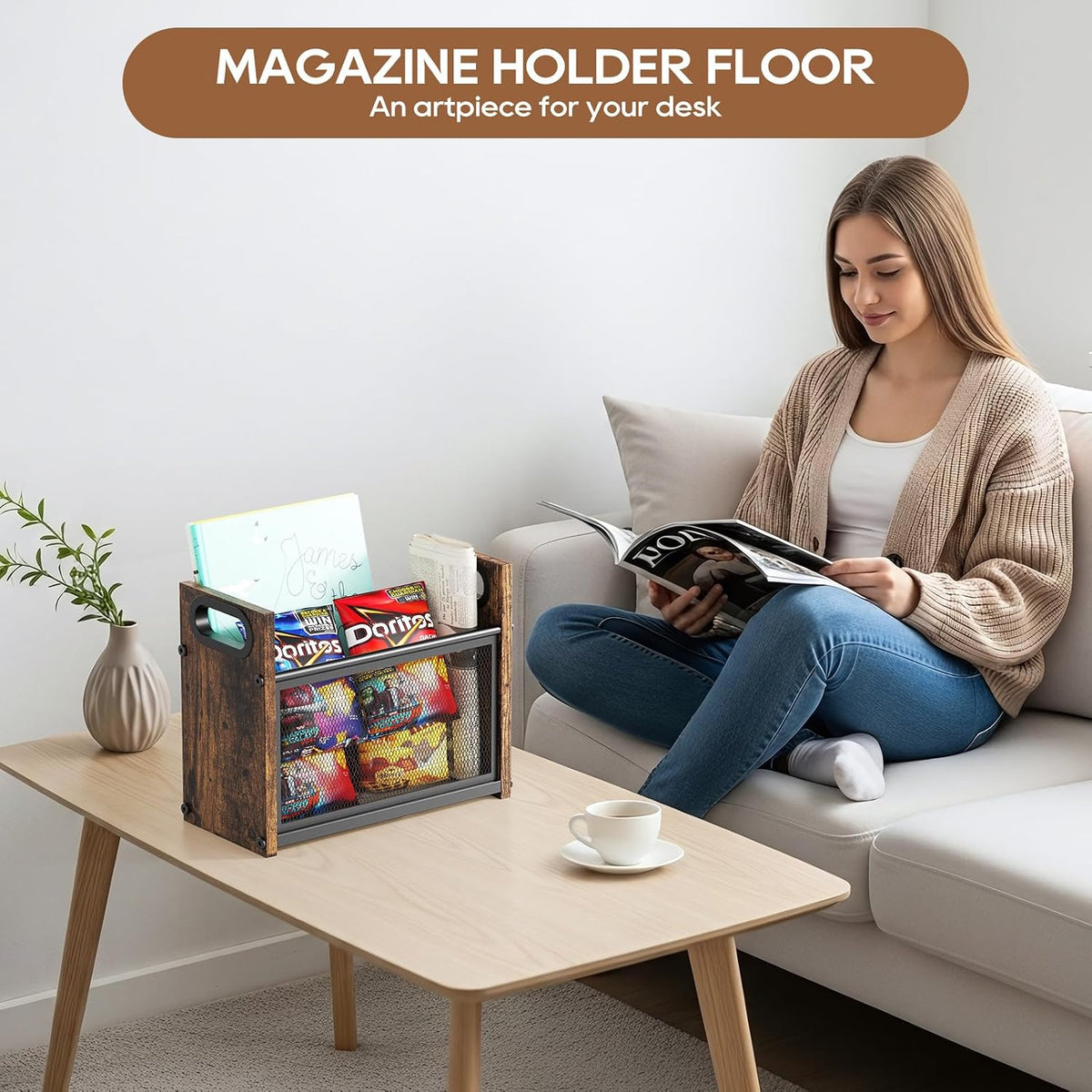 Magazine Holder, Magazine Rack Floor, Rustic Magazine Storage Basket,