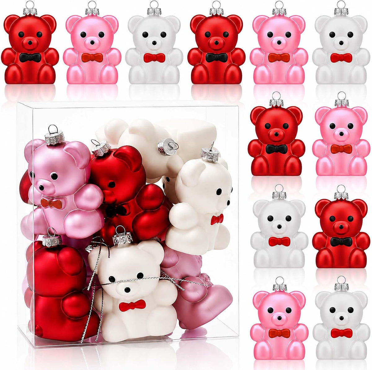 Set of 12 Valentines Tree Decorations, Bear Ornaments for Valentine Tree, Small Red Pink White Ornaments for Christmas Tree, Plastic Hanging Decorations for Party Wedding Anniversary Decor