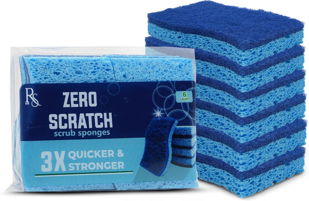 Blue Scrub Sponges Pack of 6 – Dual-Sided Kitchen Sponges for Cleaning – Non Scratch for Dishes, Bathroom, Surfaces – Durable Dishwashing Sponge