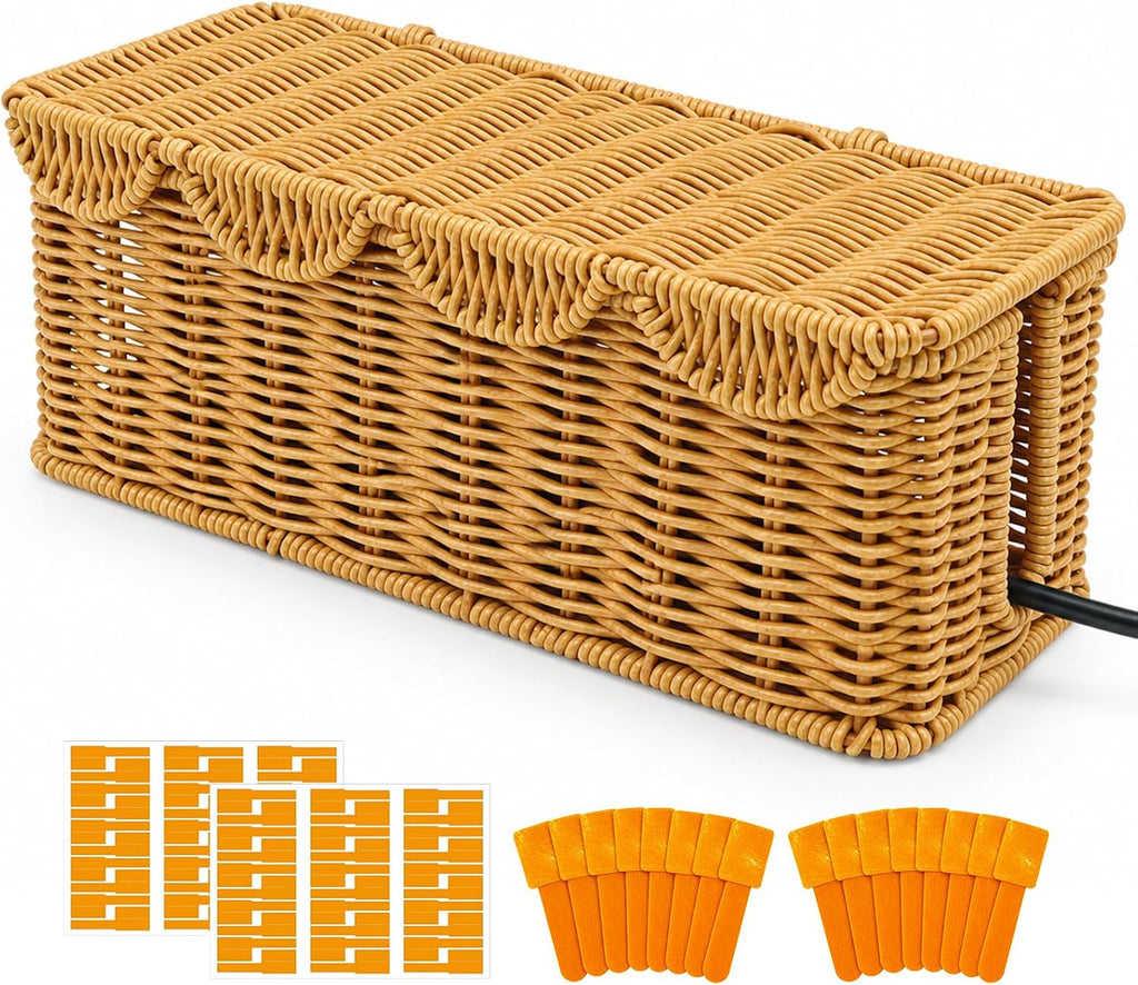 Rattan-Style Cable Management Box, Router Box Hider with 80 Accessories